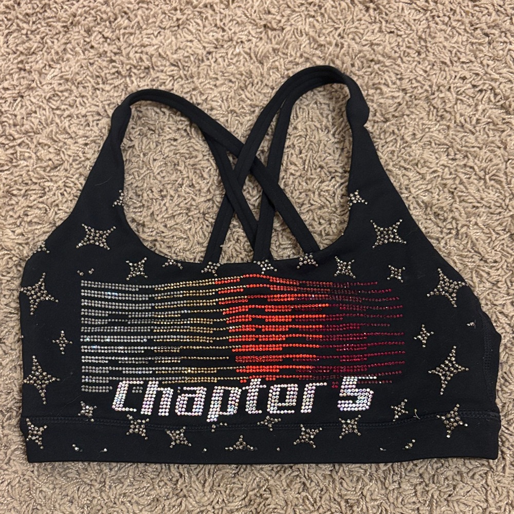 Top Gun Revelation Black Strappy Sports Bra with Rhinestone Design